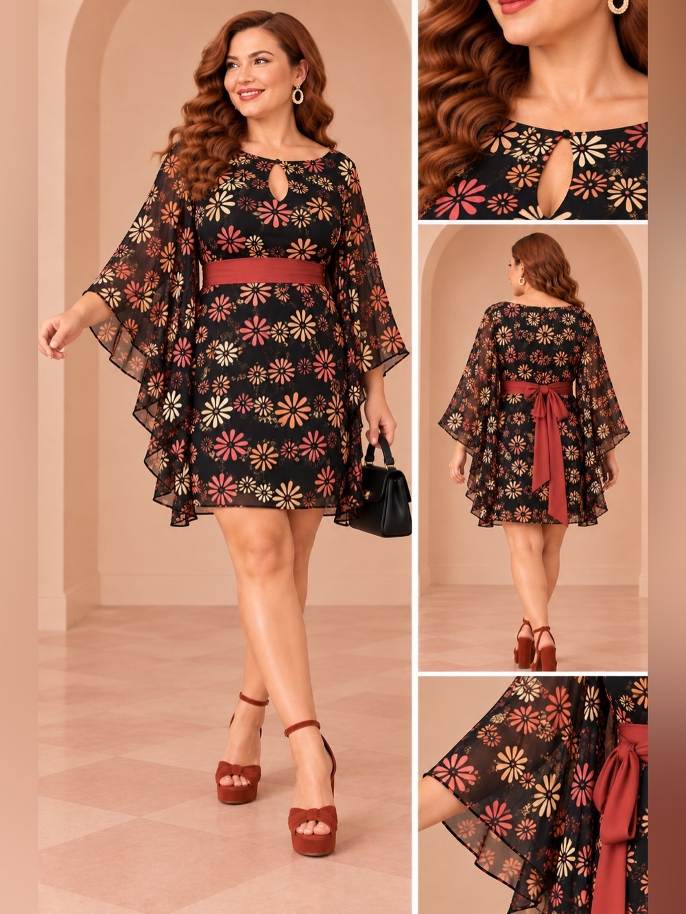 UNIQUE VINTAGE Floral Hippie Chic Bat Wing Flattering Belted Dress NWT